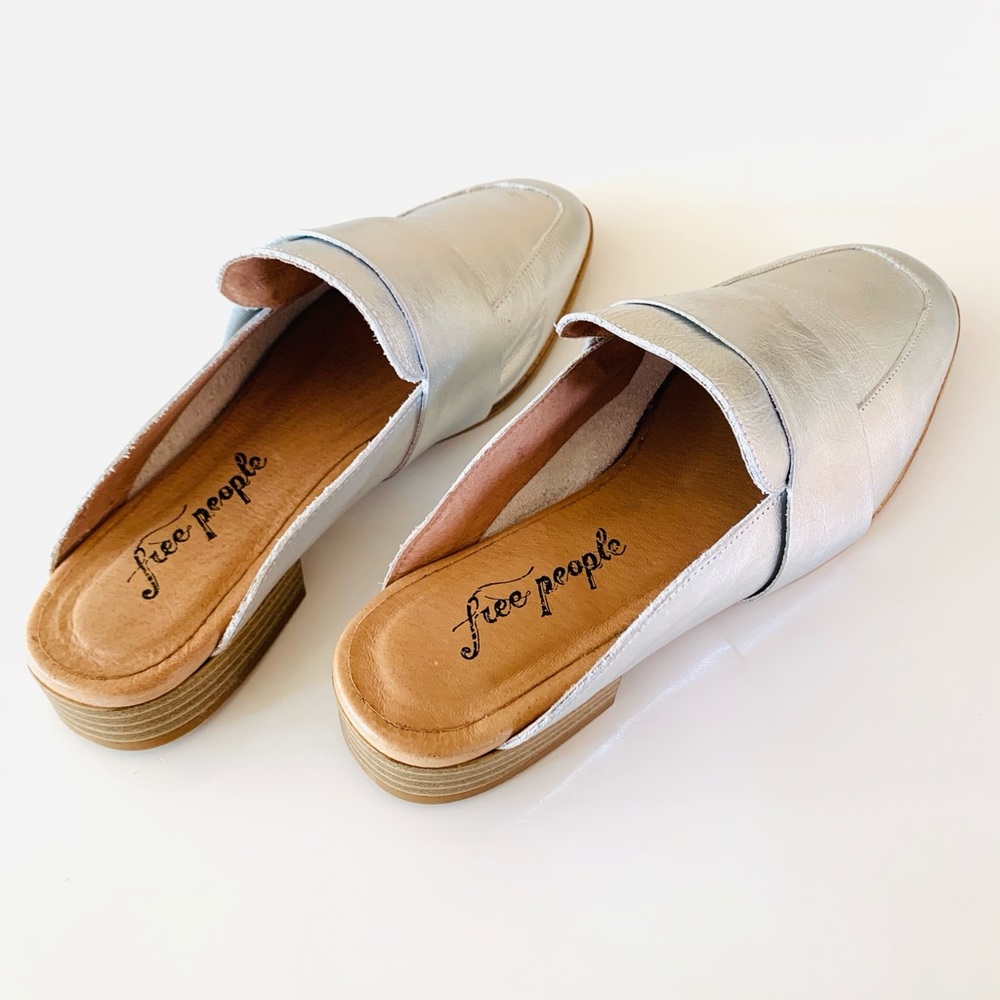 NWOT Free People At Ease Leather Silver Mules 37.5